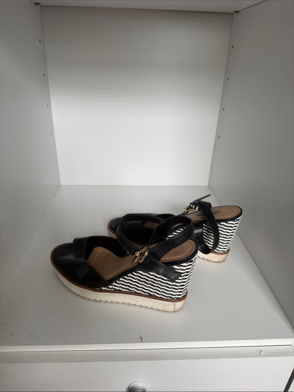 Black Wedge Espadrille Sandals with Patterned Heel - Women